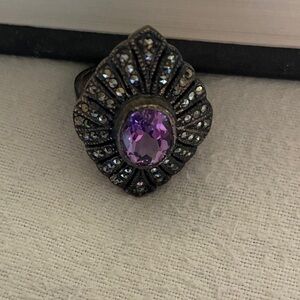 Genuine Sterling Silver Marcasite Purple stone gemstone Statement Ring size 10